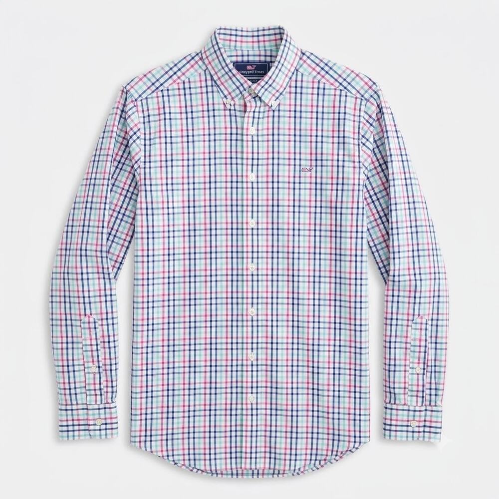 Vineyard Vines Slim Fit Whale Shirt Blue Pink Plaid Long Sleeve Mens Medium